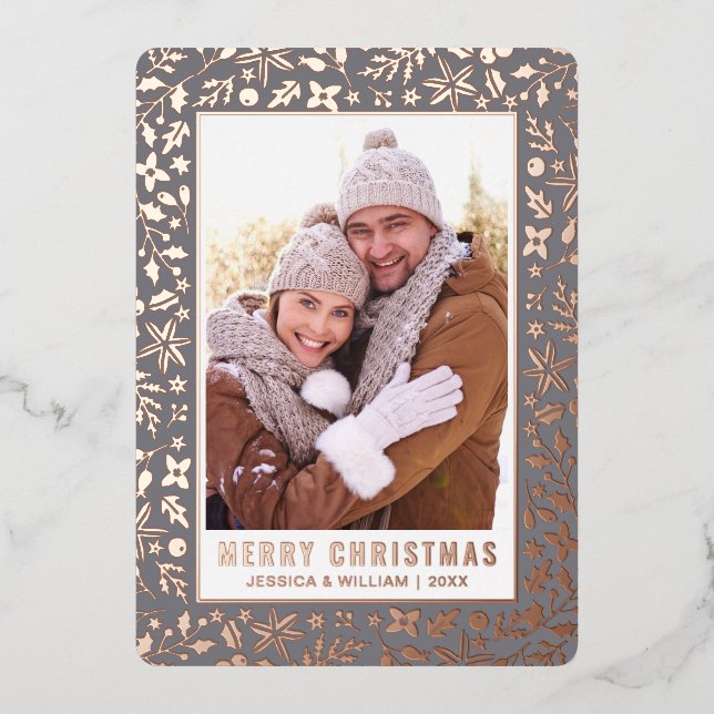 Elegant Christmas Foliage 2 Photo Rose Gold Foil Holiday Card (Front)