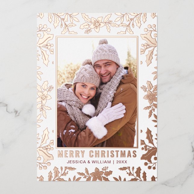Elegant Christmas Foliage 2 Photo Rose Gold Foil Holiday Card (Front)