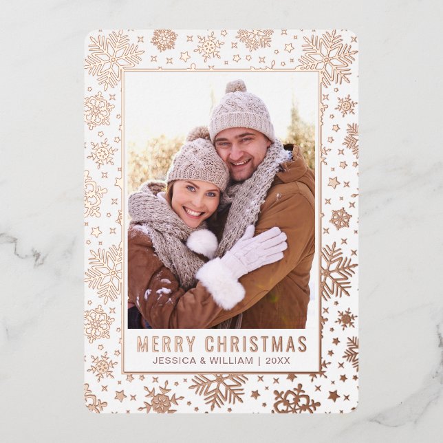 Elegant Christmas Foliage 2 Photo Rose Gold Foil Holiday Card (Front)