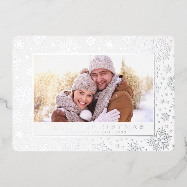 Elegant Christmas Foliage 2 Photo Silver Foil Holiday Card (Front)