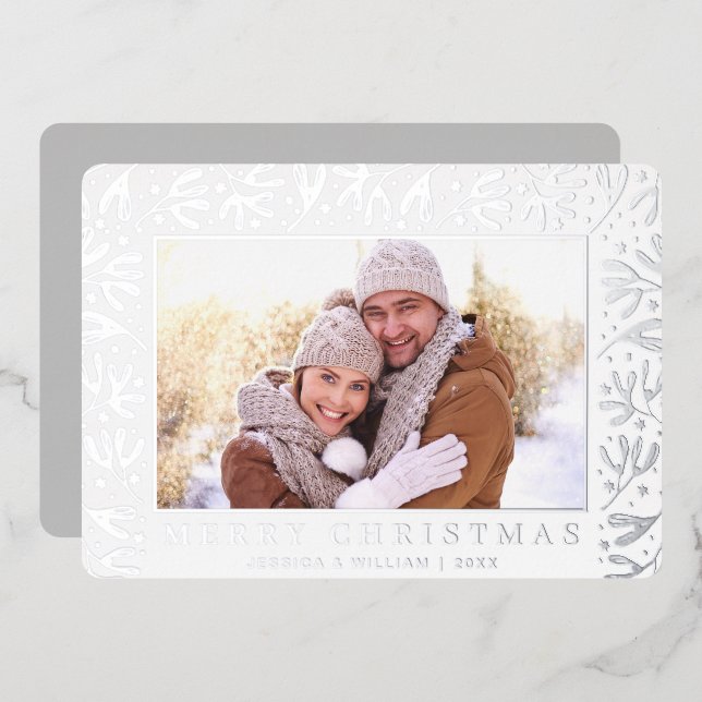 Elegant Christmas Foliage 2 Photo Silver Foil Holiday Card (Front/Back)
