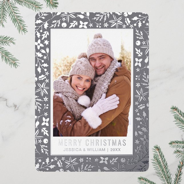 Elegant Christmas Foliage 2 Photo Silver Foil Holiday Card (Creator Uploaded)