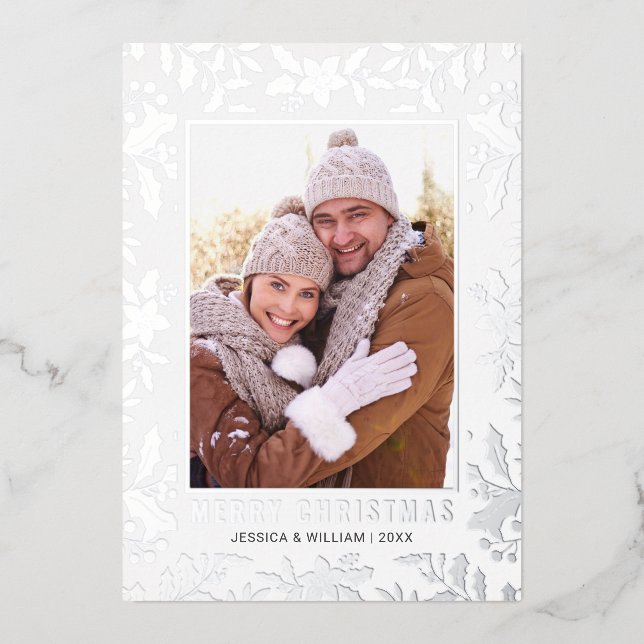 Elegant Christmas Foliage 2 Photo Silver Foil Holiday Card (Front)