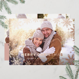 Elegant Christmas Foliage 3 Photo Rose Gold Foil Holiday Card