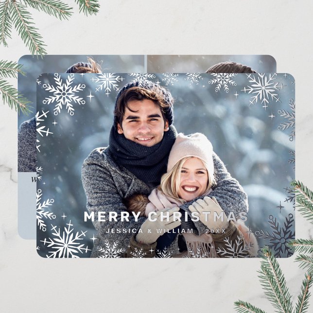 Elegant Christmas Foliage 3 Photo Silver Foil Holiday Card (Creator Uploaded)