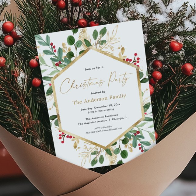 Elegant Christmas foliage greenery red gold Invitation (Creator Uploaded)