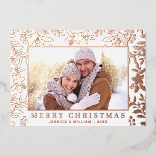 Elegant Christmas Foliage Photo Rose Gold Foil Holiday Card