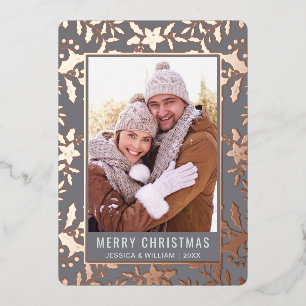 Elegant Christmas Foliage Photo Rose Gold Foil Holiday Card