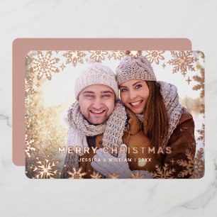 Elegant Christmas Foliage Photo Rose Gold Foil Holiday Card