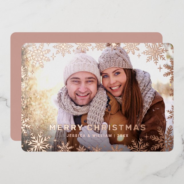 Elegant Christmas Foliage Photo Rose Gold Foil Holiday Card (Front/Back)
