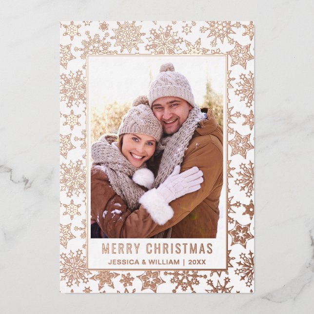 Elegant Christmas Foliage Photo Rose Gold Foil Holiday Card (Front)