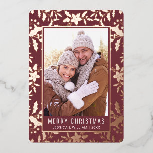 Elegant Christmas Foliage Photo Rose Gold Foil Holiday Card