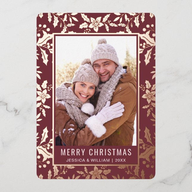 Elegant Christmas Foliage Photo Rose Gold Foil Holiday Card (Front)