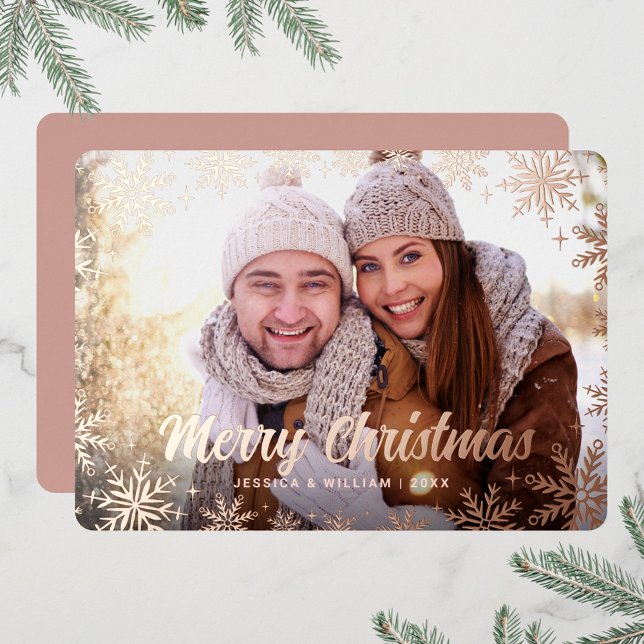 Elegant Christmas Foliage Photo Rose Gold Foil Holiday Card (Creator Uploaded)