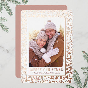 Elegant Christmas Foliage Photo Rose Gold Foil Holiday Card