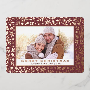 Elegant Christmas Foliage Photo Rose Gold Foil Holiday Card