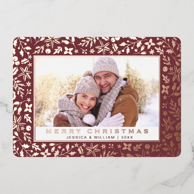 Elegant Christmas Foliage Photo Rose Gold Foil Holiday Card (Front)
