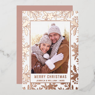 Elegant Christmas Foliage Photo Rose Gold Foil Holiday Card