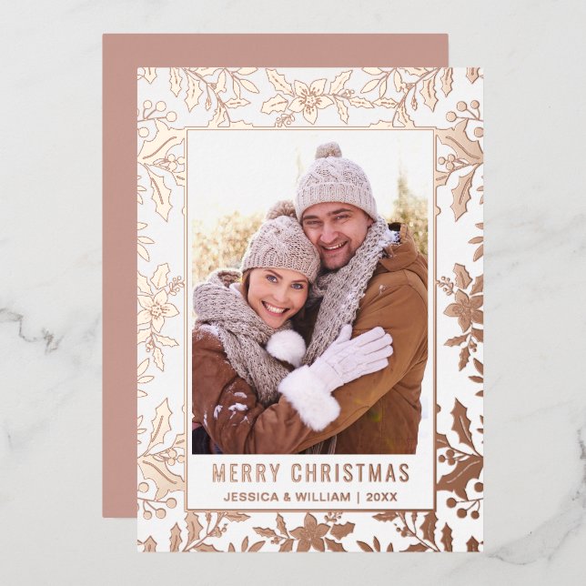 Elegant Christmas Foliage Photo Rose Gold Foil Holiday Card (Front/Back)