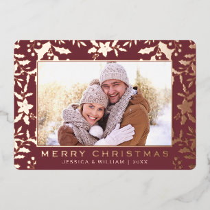 Elegant Christmas Foliage Photo Rose Gold Foil Holiday Card