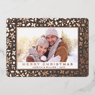 Elegant Christmas Foliage Photo Rose Gold Foil Holiday Card