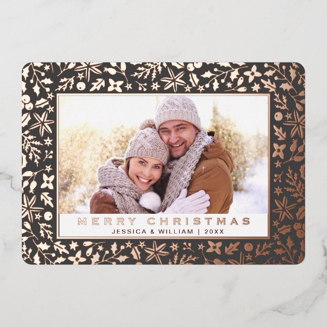 Elegant Christmas Foliage Photo Rose Gold Foil Holiday Card (Front)