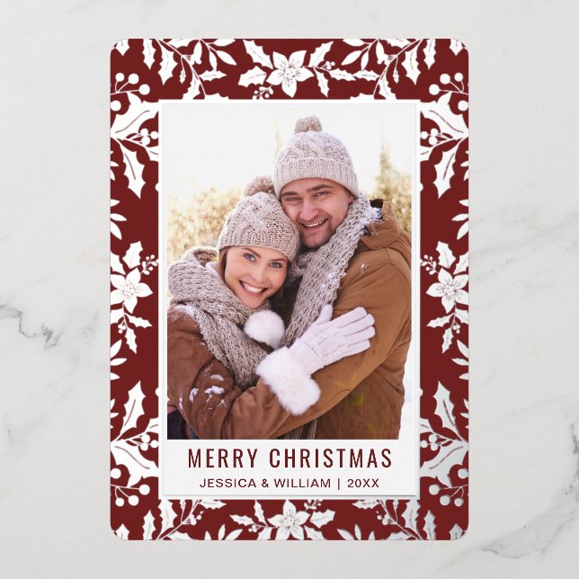 Elegant Christmas Foliage Photo Silver Foil Holiday Card (Front)