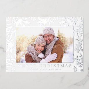 Elegant Christmas Foliage Photo Silver Foil Holiday Card