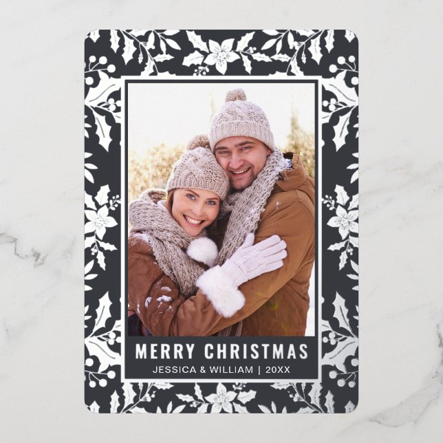 Elegant Christmas Foliage Photo Silver Foil Holiday Card (Front)
