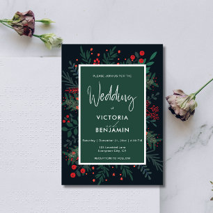 Elegant Christmas Foliage Red and Green Wedding Invitation