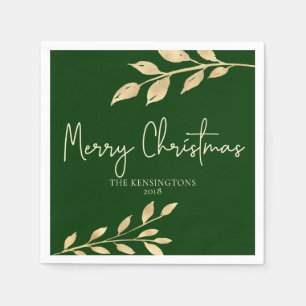 Elegant Christmas Forest Green and Gold Leaves Napkin