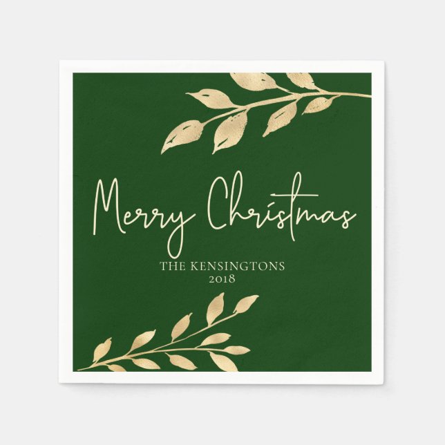 Elegant Christmas Forest Green and Gold Leaves Napkin (Front)