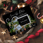 Elegant Christmas Frame Save The Date Postcard<br><div class="desc">Elegant christmas save the date card,  featuring a christmas frame of presents,  a variety of gold baubles,  ribbons,  bows and christmas tree branches. The postcard has a classic black background and a modern white text template which is easy to personalise.</div>