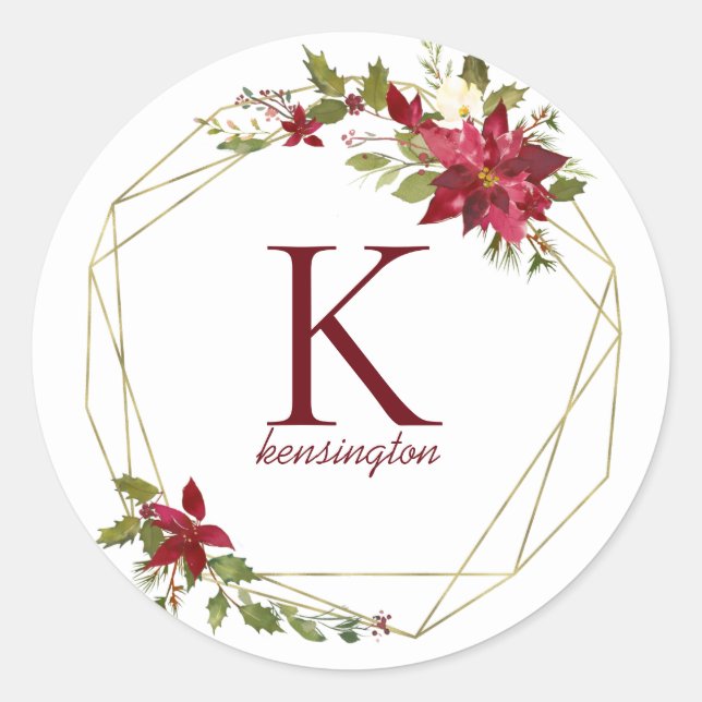 Elegant Christmas Geometric Foliage Monogram Classic Round Sticker (Front)