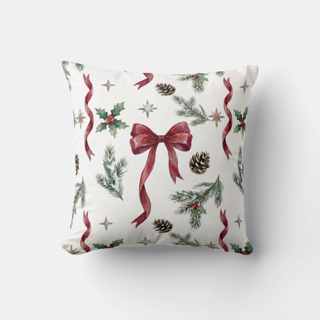 Elegant Christmas Gift Bow Ribbon Botanical Cushion (Front)
