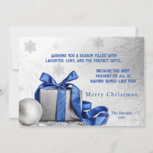 Elegant Christmas Gift Box with Blue Ribbon Holiday Card