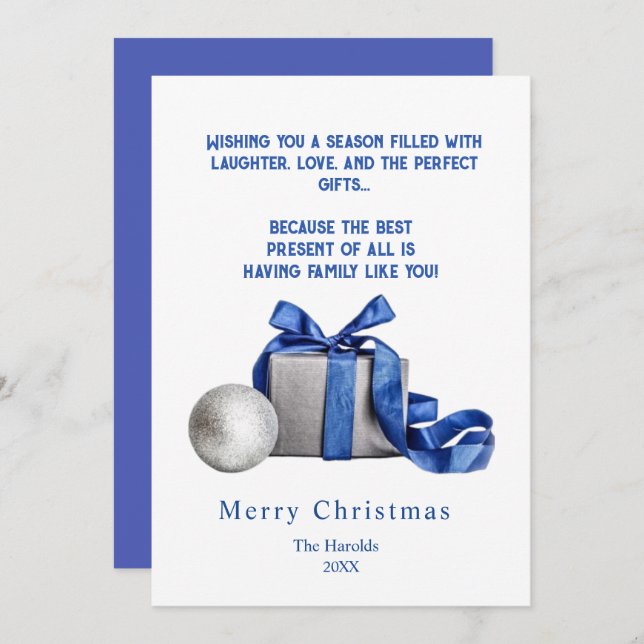 Elegant Christmas Gift Box with Blue Ribbon Holiday Card (Front/Back)