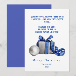 Elegant Christmas Gift Box with Blue Ribbon Holiday Card