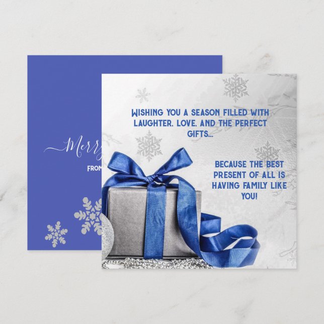Elegant Christmas Gift Box with Blue Ribbon Holiday Card (Front/Back)