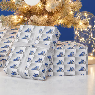 Elegant Christmas Gift Box With Blue Ribbon Wrapping Paper