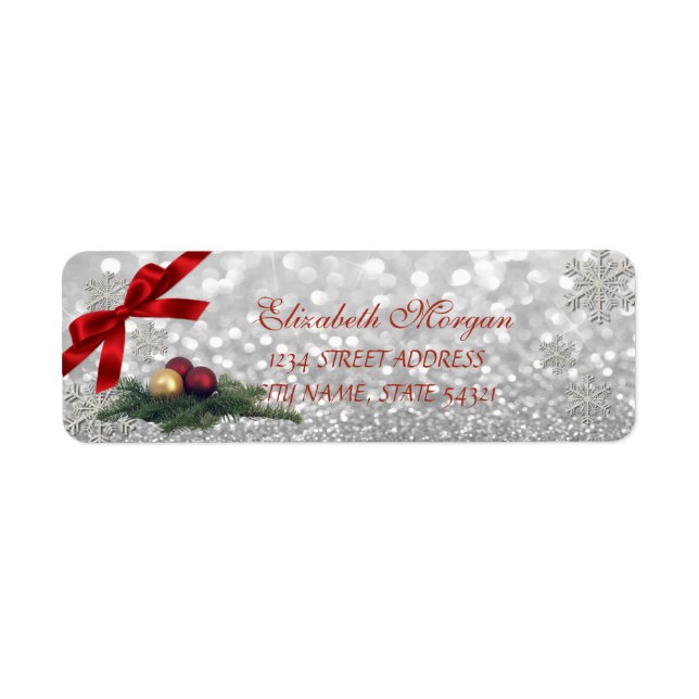 Elegant Christmas Glittery Bokeh Snowflakes Label (Front)