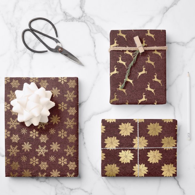 Elegant Christmas Gold Burgundy Kraft    Wrapping Paper Sheet (Front)