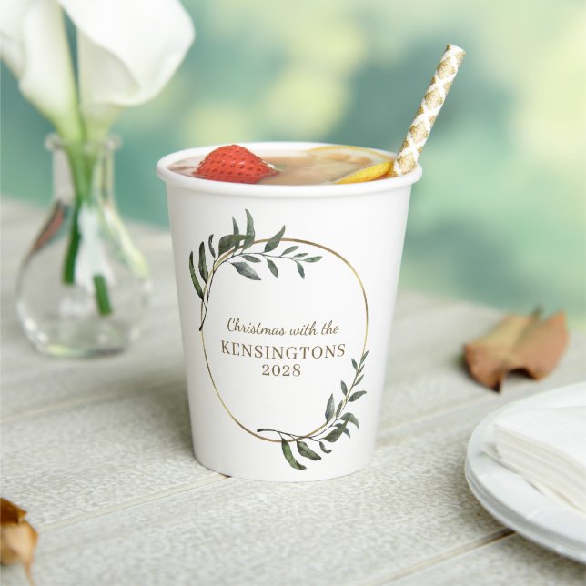 Elegant Christmas Gold Foil Eucalyptus Greenery Paper Cups (Insitu)