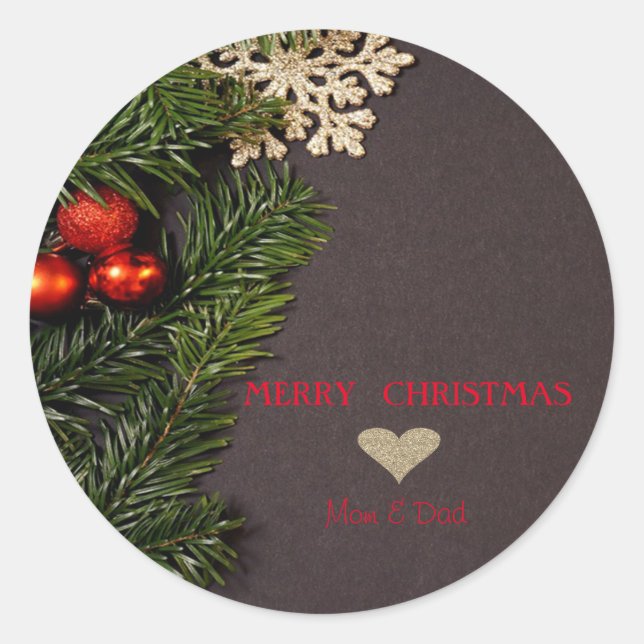 Elegant Christmas Gold Heart,Balls,Branches Classic Round Sticker (Front)