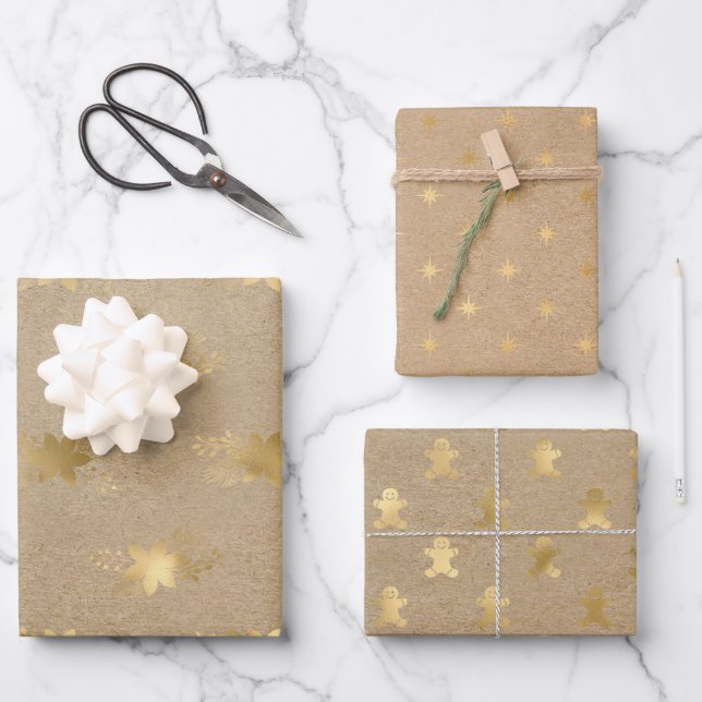 Elegant Christmas Gold Kraft   Wrapping Paper Sheet (Front)