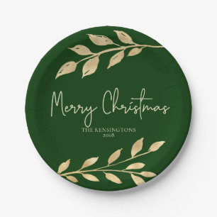 Elegant Christmas Gold Leaves Forest Green Paper Plate