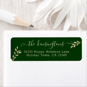 Elegant Christmas Gold Leaves on Forest Green Labe