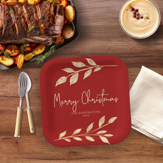 Elegant Christmas Gold Leaves on Holiday Red Paper Plate (Elegant Christmas Gold Leaves on Holiday Red Square Paper Plates)