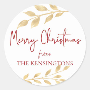 Elegant Christmas Gold Leaves Typography Classic Round Sticker