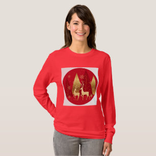 Elegant Christmas Gold Reindeer Red Long Sleeve T-Shirt